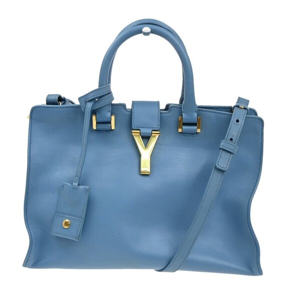 SAINT LAURENT Logo Classic Y Cabas 2 Way Hand Bag Leather Blue Gold - Picture 1 of 16